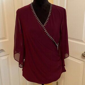 Dress Barn Burgundy & Rhinestone Fitted Blouse Size L NWT